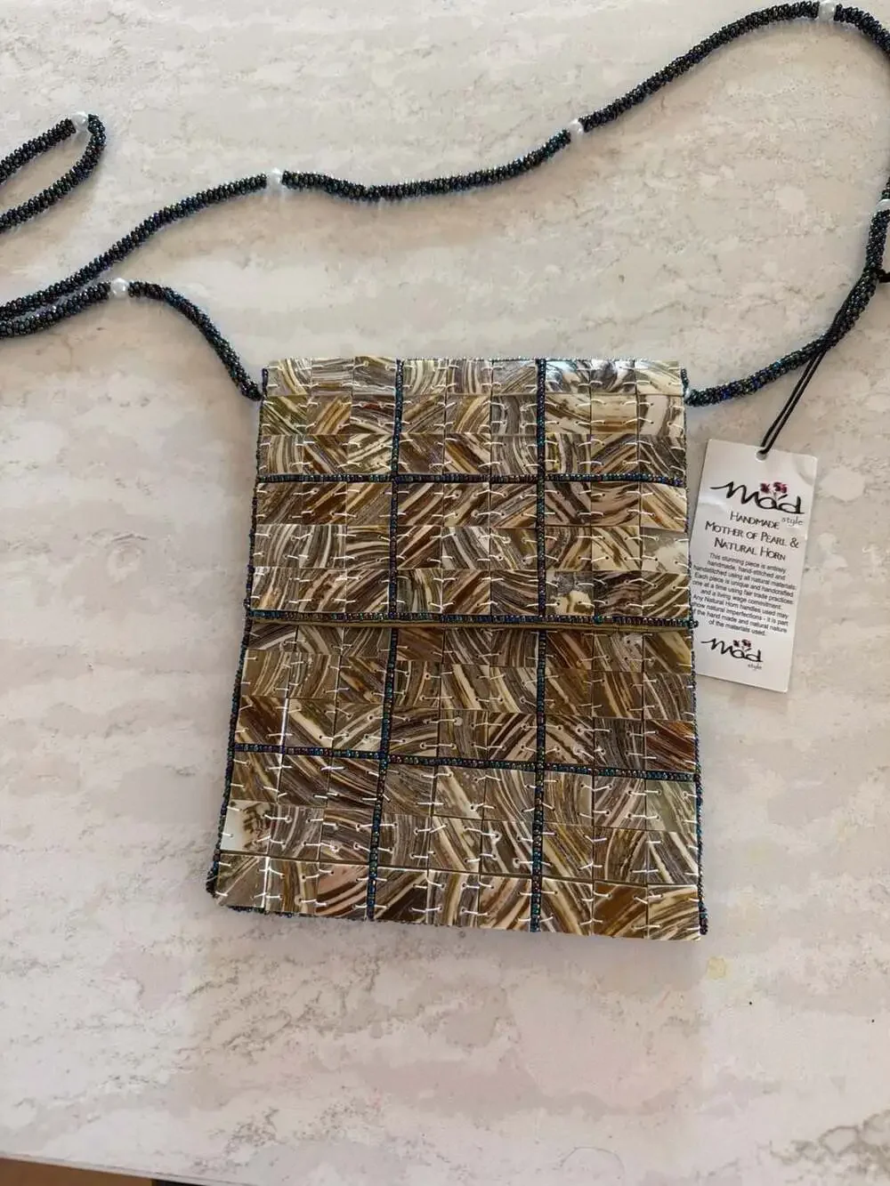 Mad Style Handmade Mother of Pearl & Natural Horn Beaded Crossbody‎ Bag